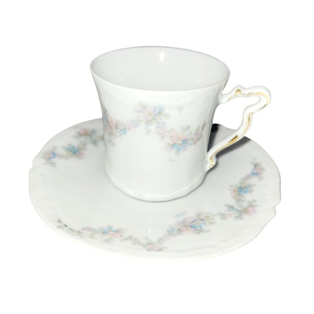 Vintage Teacup and Saucer Set by OBERPFALZ Bone China Pink Blue Floral Bavaria